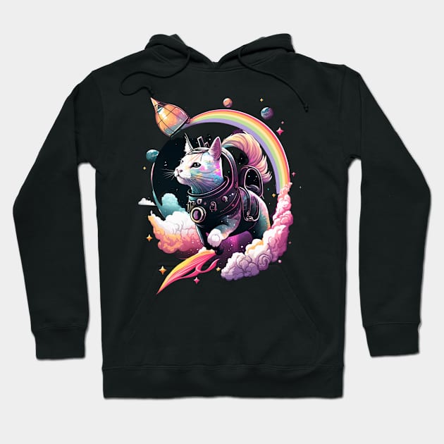 Galaxy Cat Catronaut Cat Astronaut Deep In Space Rainbow Hoodie by RetroZin